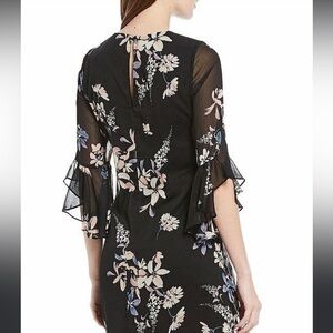 Calvin Klein Floral Dress Sheer 3/4 Bell Sleeves V Neck Knee Length Womens 6